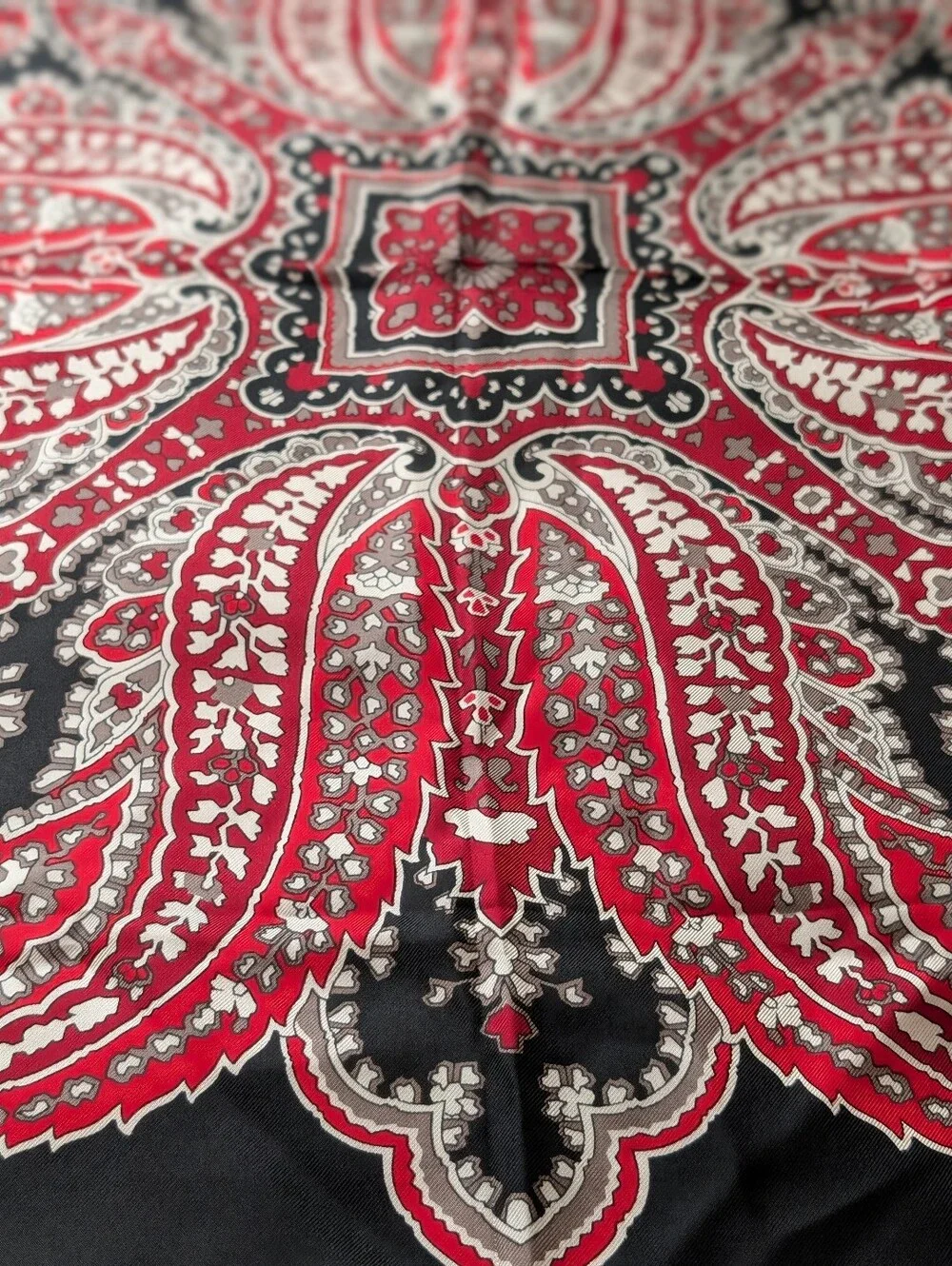 Van Horn Silk Scarf 31x30 Black Red Beige Floral